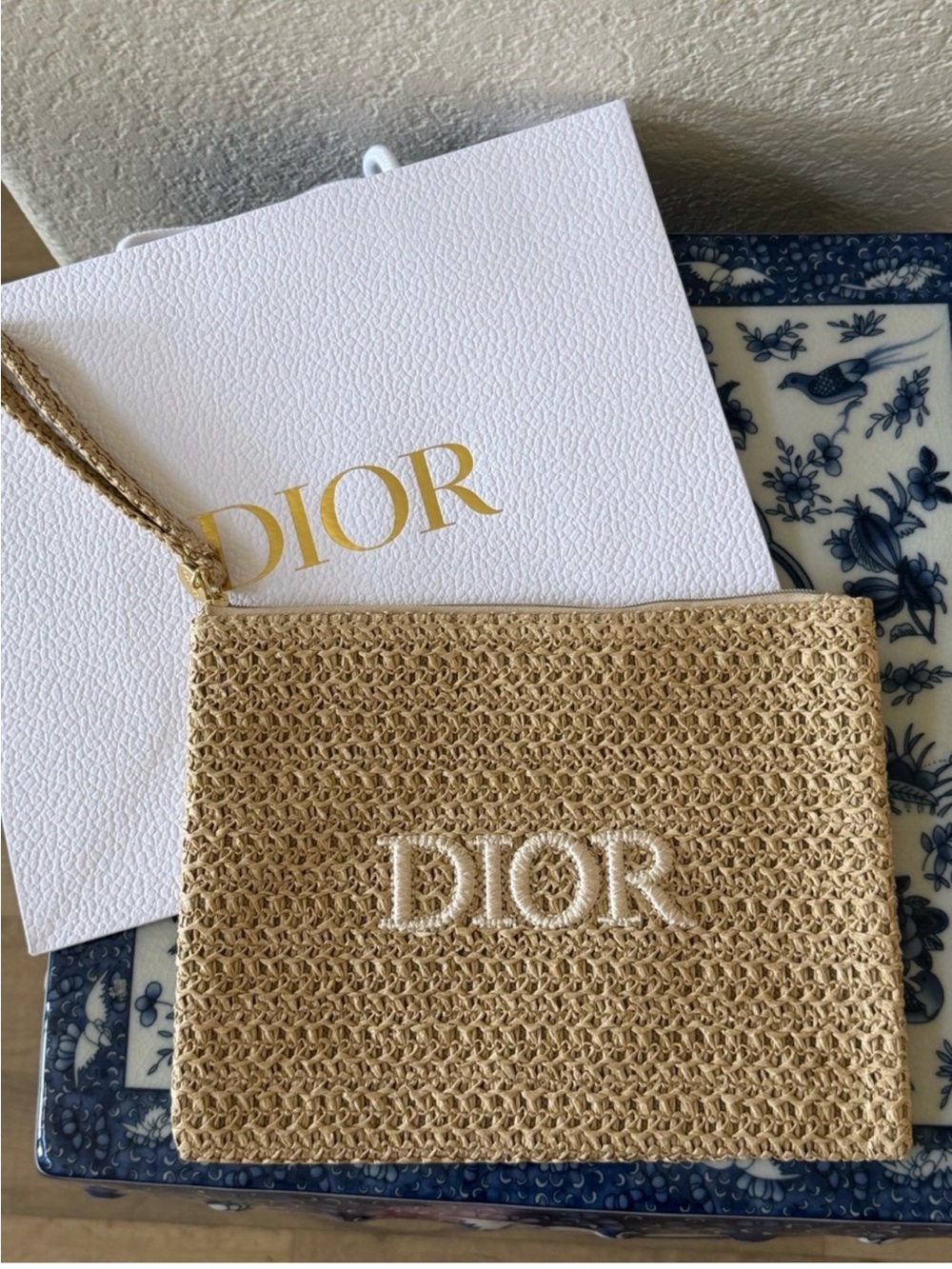 DIOR Beige Woven Wristlet Pouch Beauty & Large Dior shopping Bag